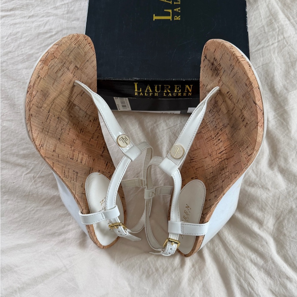 Vintage White Patent REETA Ralph Lauren Heeled Cork Sandal - Picture 7 of 8